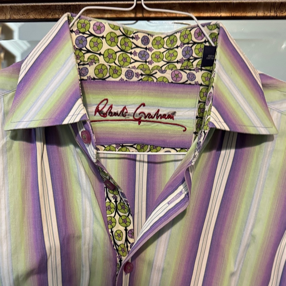 Robert Graham Men's Shirt with Purple, Green, & White Stripes. Cuff link needed
